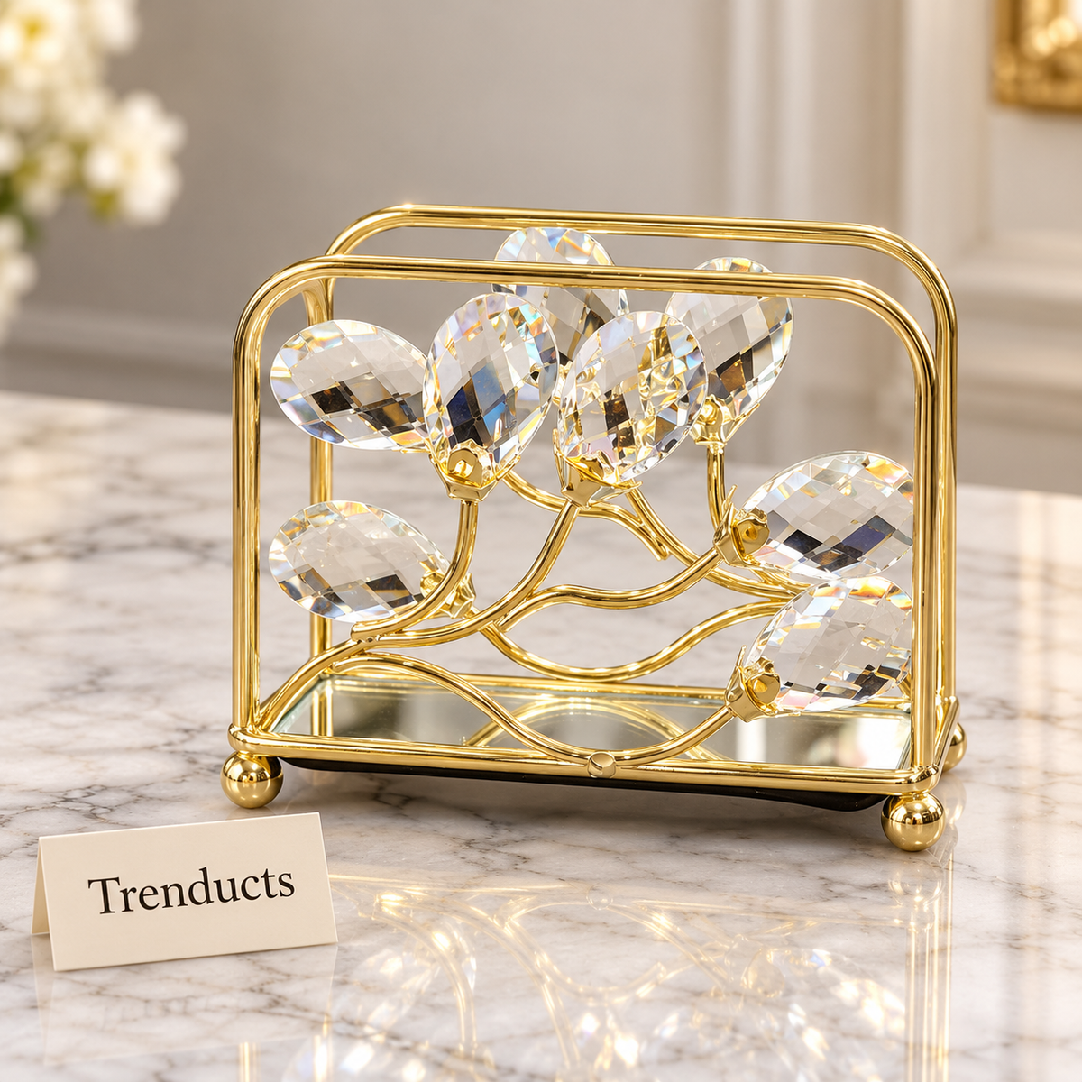 Luxury Gold Napkin Holder - Crystal Leaf Design, Mirror Base