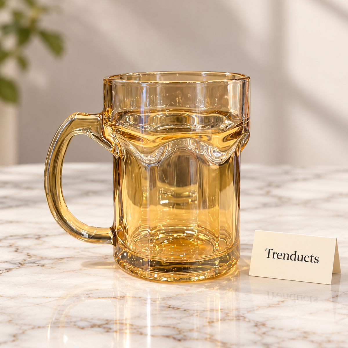 Glass Juice Mug - Amber Gold Wavy Design with Handle