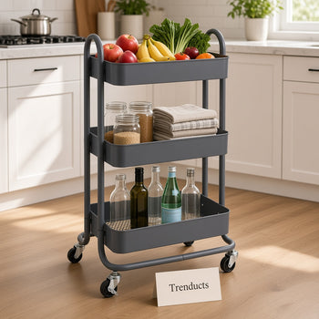 Dark grey metal 3 tier rolling utility cart holding fruit and jars in a kitchen - Trenducts