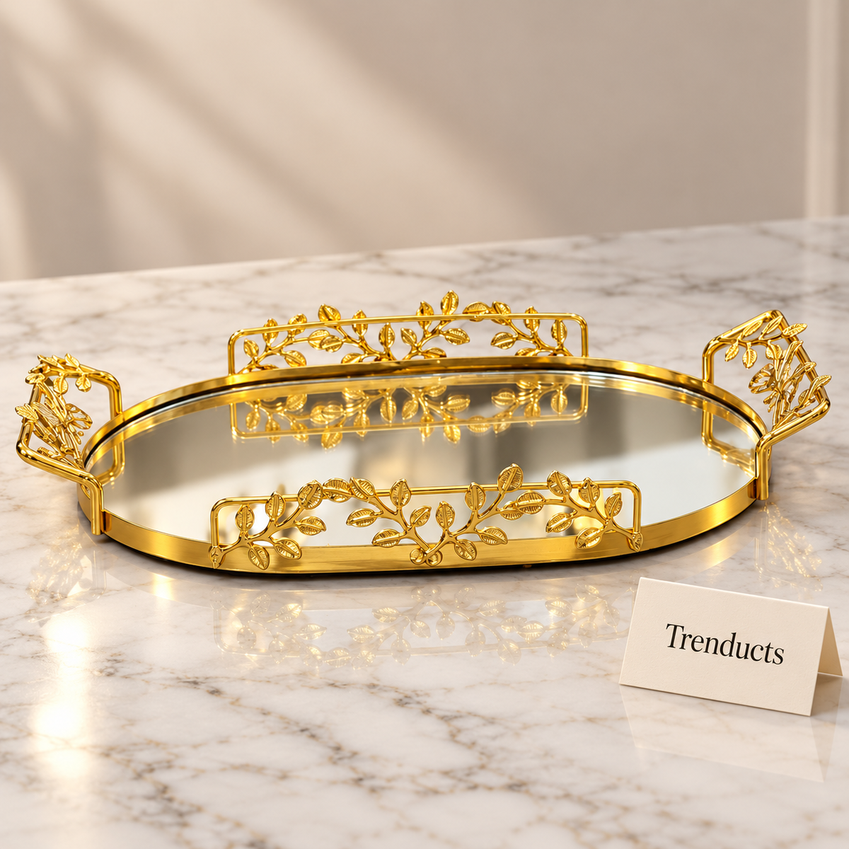 Gold Long Oval Mirrored Tray - Leaf Rails and Handles