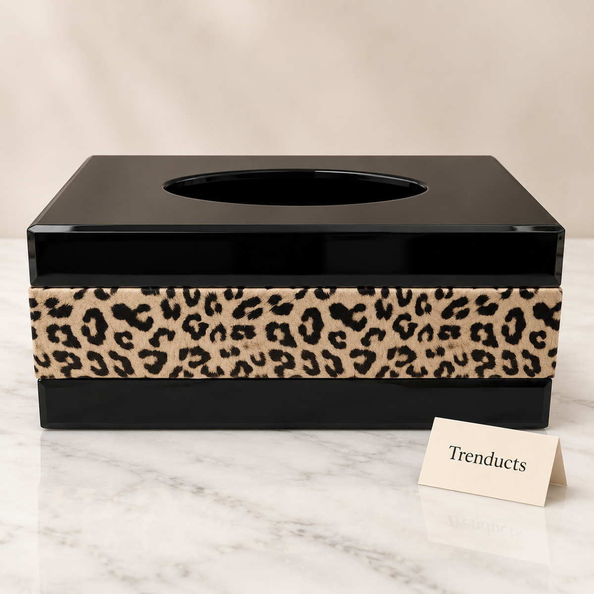 Leopard Print Tissue Box Cover - Black Glass