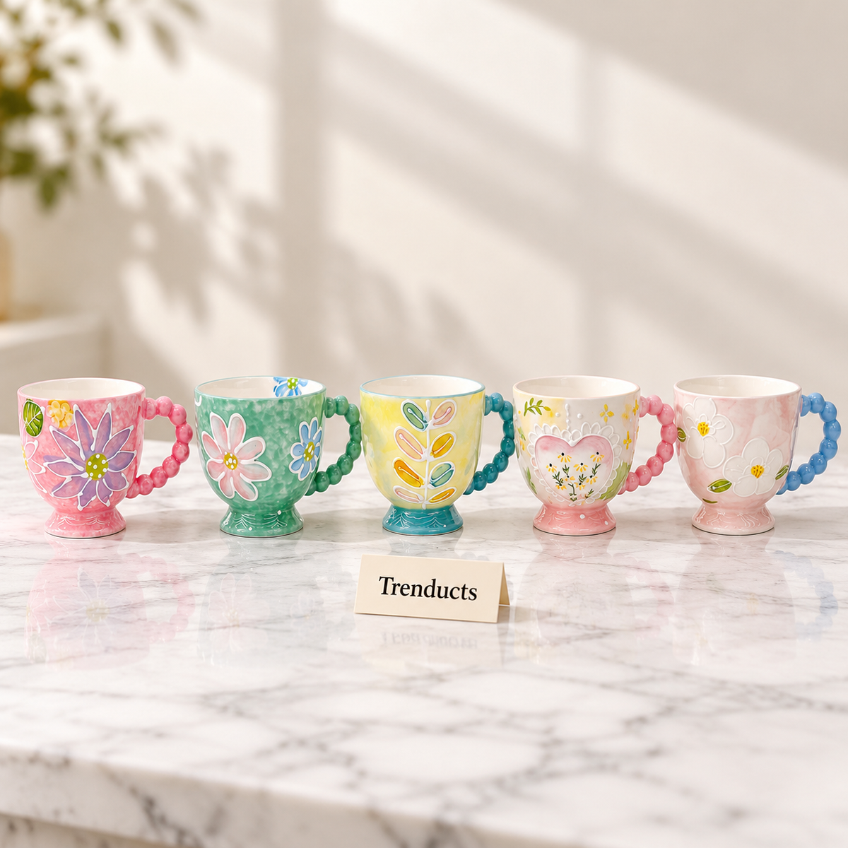 Floral Ceramic Mug with Beaded Handle - 5 Designs