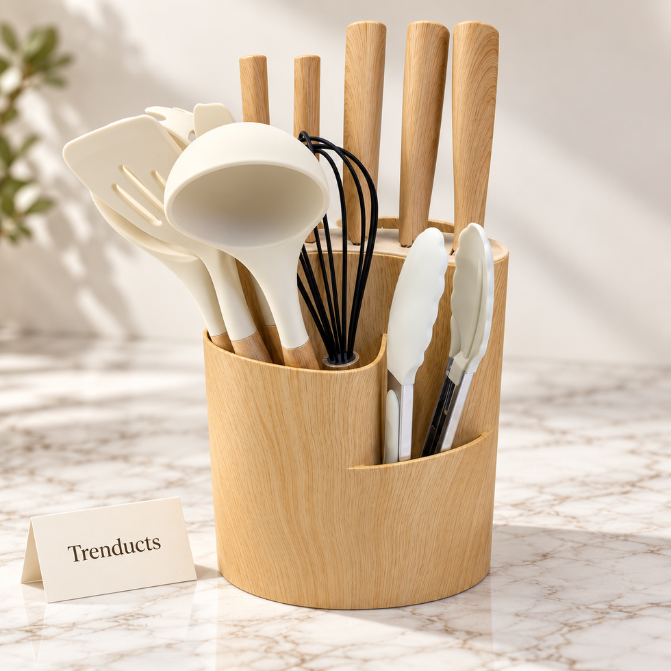 Kitchen Utensil and Knife Set with Holder - Cream and Wood-Grain