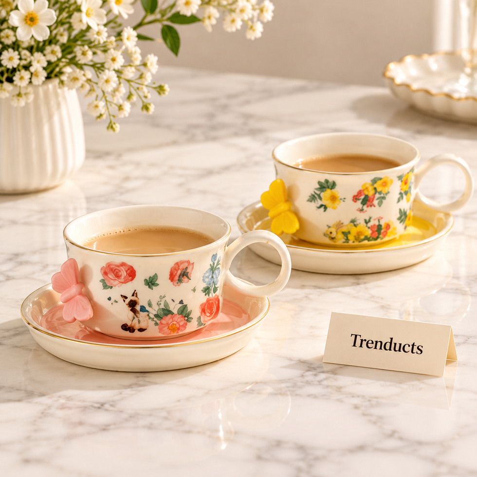 Ceramic Floral Cup and Saucer Set with 3D Butterfly