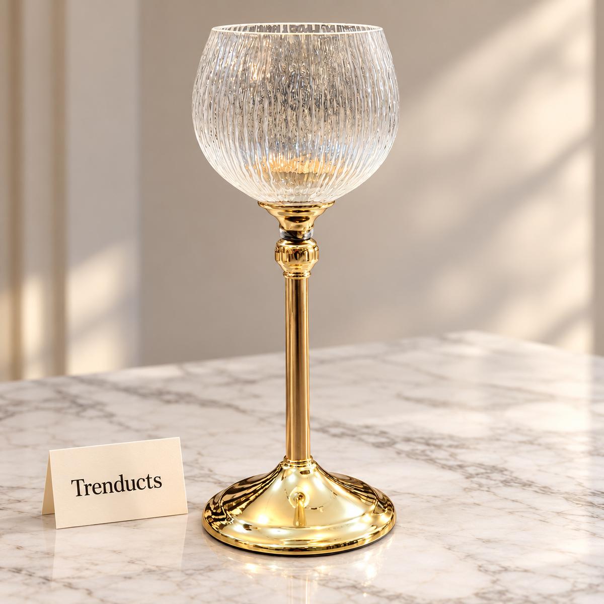Gold Pedestal Candle Holder - Ribbed Glass Globe
