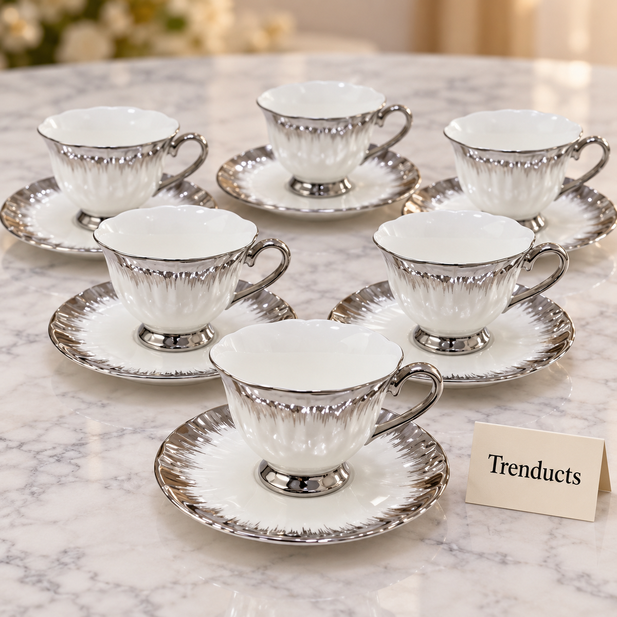 Brilliant Tea Cup and Saucer Set of 6 - Silver Brushstroke