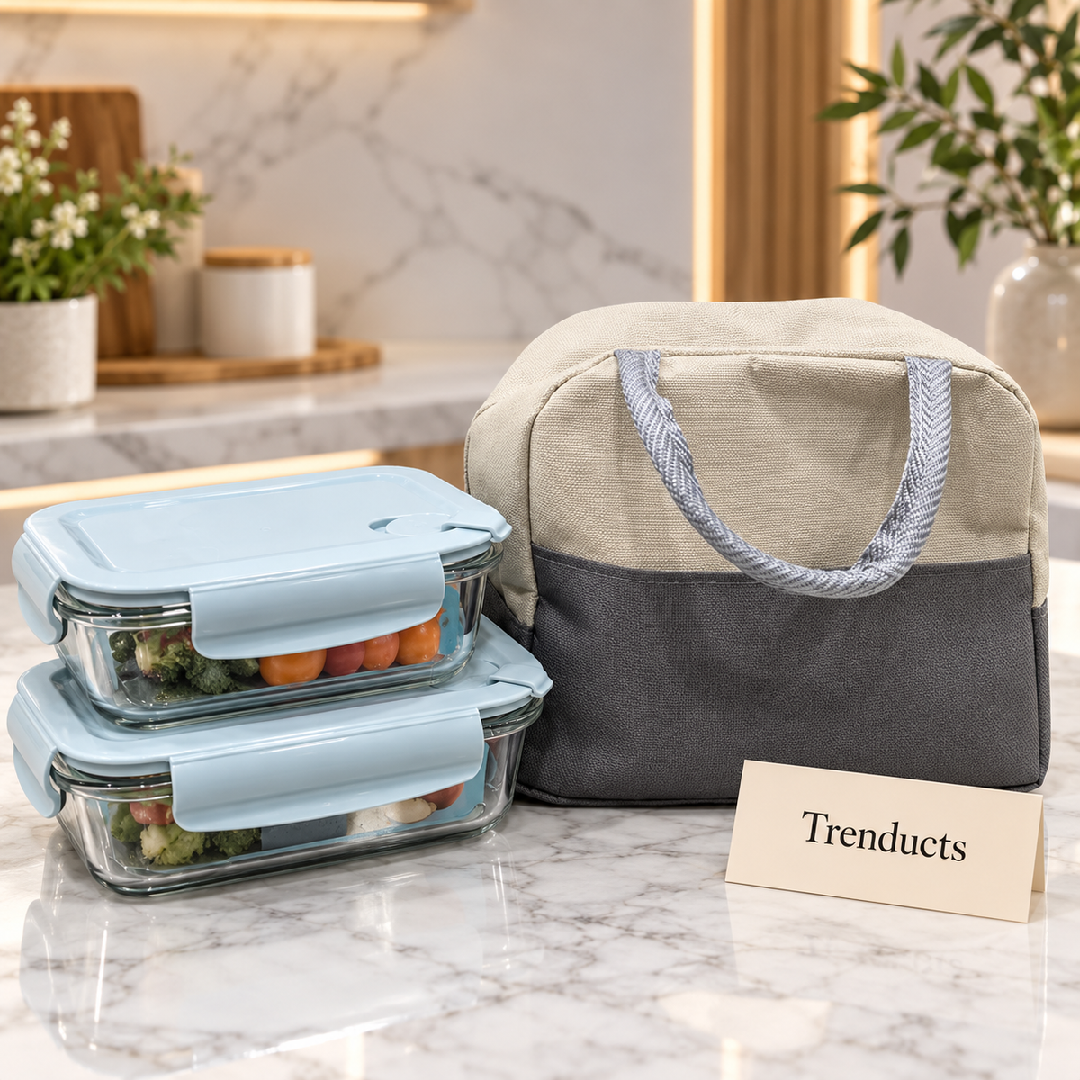 Glass Lunch Box Set with Grey Bag and Blue Lids - 2 Containers