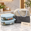 Glass Lunch Box Set with Grey Bag and Blue Lids - 2 Containers