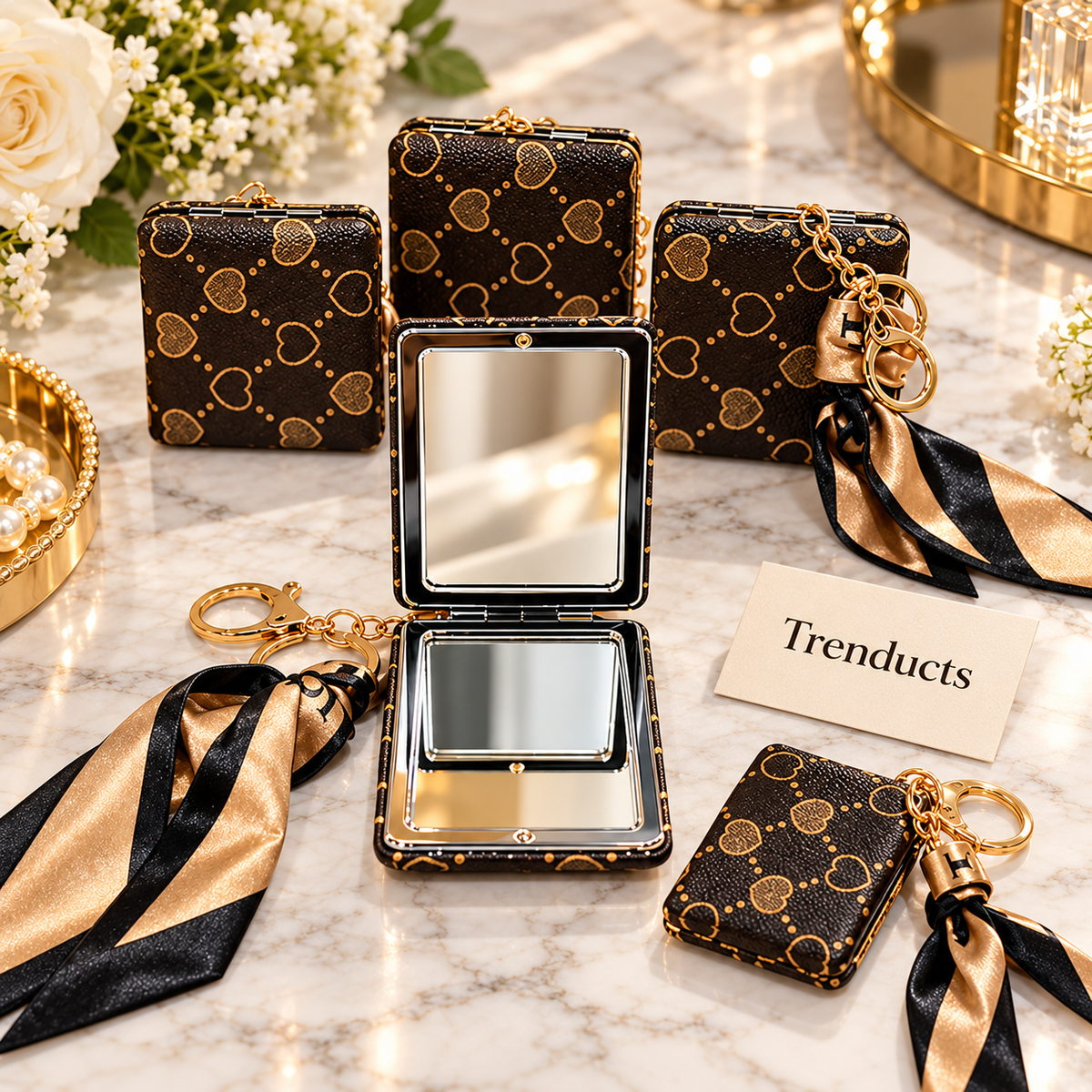Heart Print Cosmetic Pocket Mirror - Square with Scarf Keychain (each)