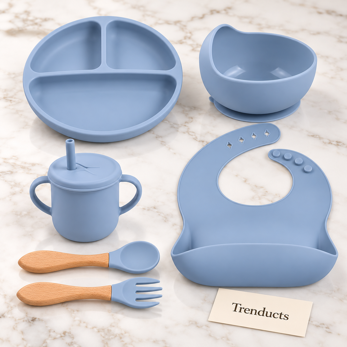 Silicone Baby Feeding Set with Bib, Divided Plate, Bowl and Cup