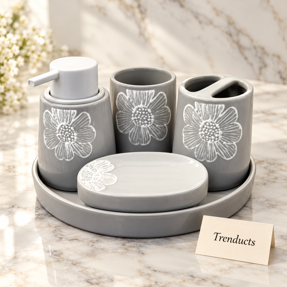 Brilliant 5 Piece Bathroom Set - Grey & White Flowers