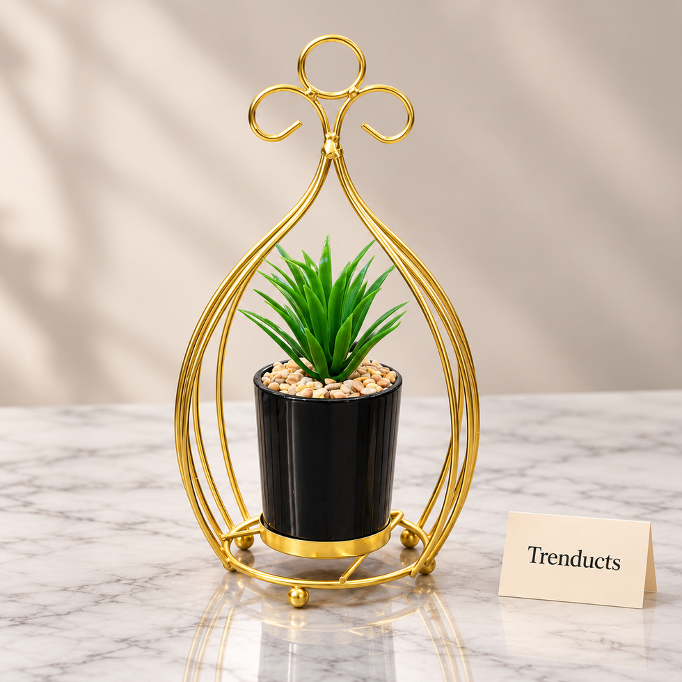 Gold Open Cage Planter - Teardrop Frame with Black Pot