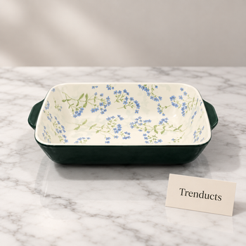 Rectangular Baking Dish in blue myosotis and dark green on white marble | Trenducts
