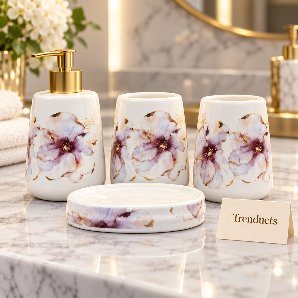 Brilliant 4-Piece Porcelain Bathroom Set - White Purple Flower