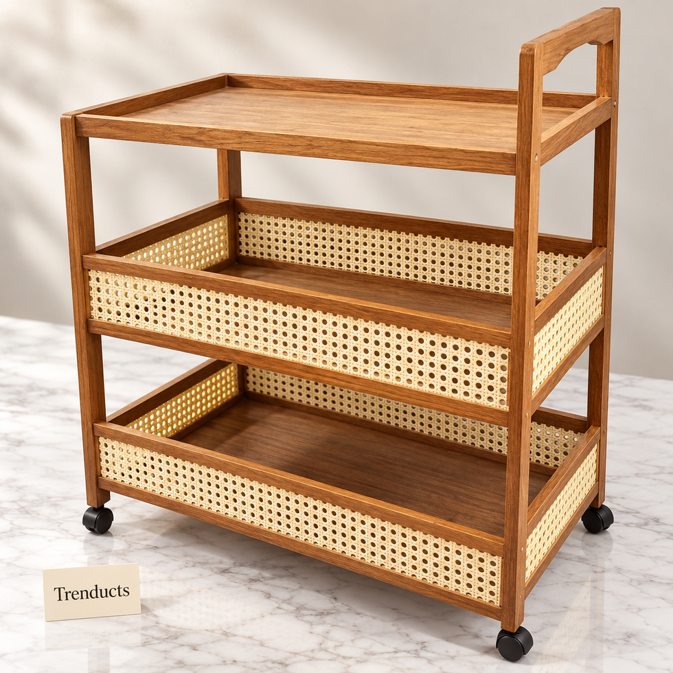 Premium Rolling Storage Cart - Rattan Front with 3 Shelves