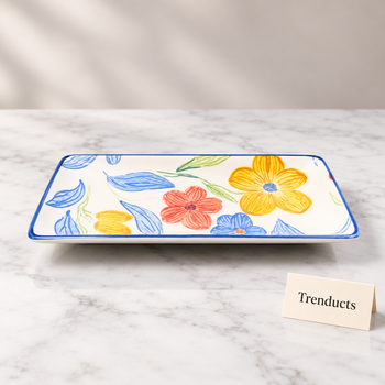 Rectangular Dish in cottagecore floral design on white marble in a studio | Trenducts