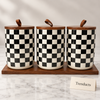 Luxury Checkered Ceramic Canister Set with Wooden Tray - 3 Jars