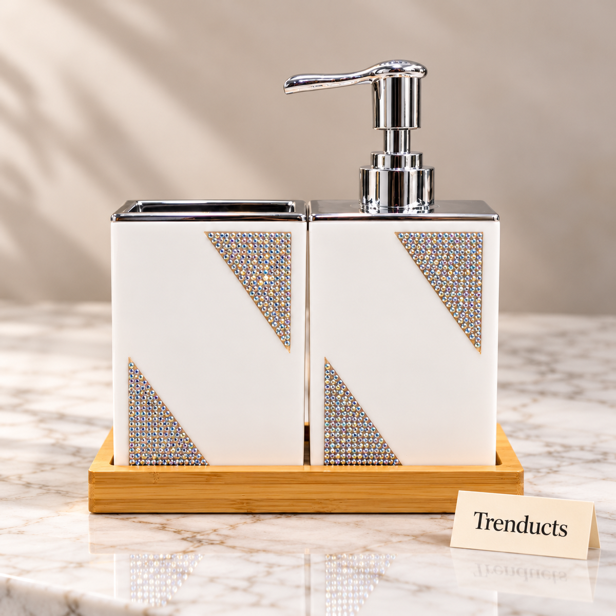 Bathroom Set - White Glitter Soap Dispenser & Bamboo Tray