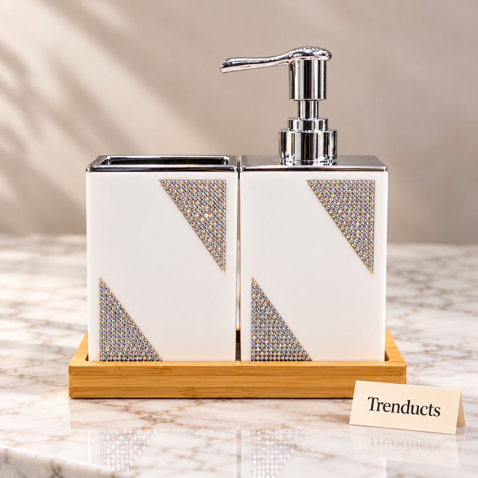 Bathroom Set - White Glitter Soap Dispenser & Bamboo Tray