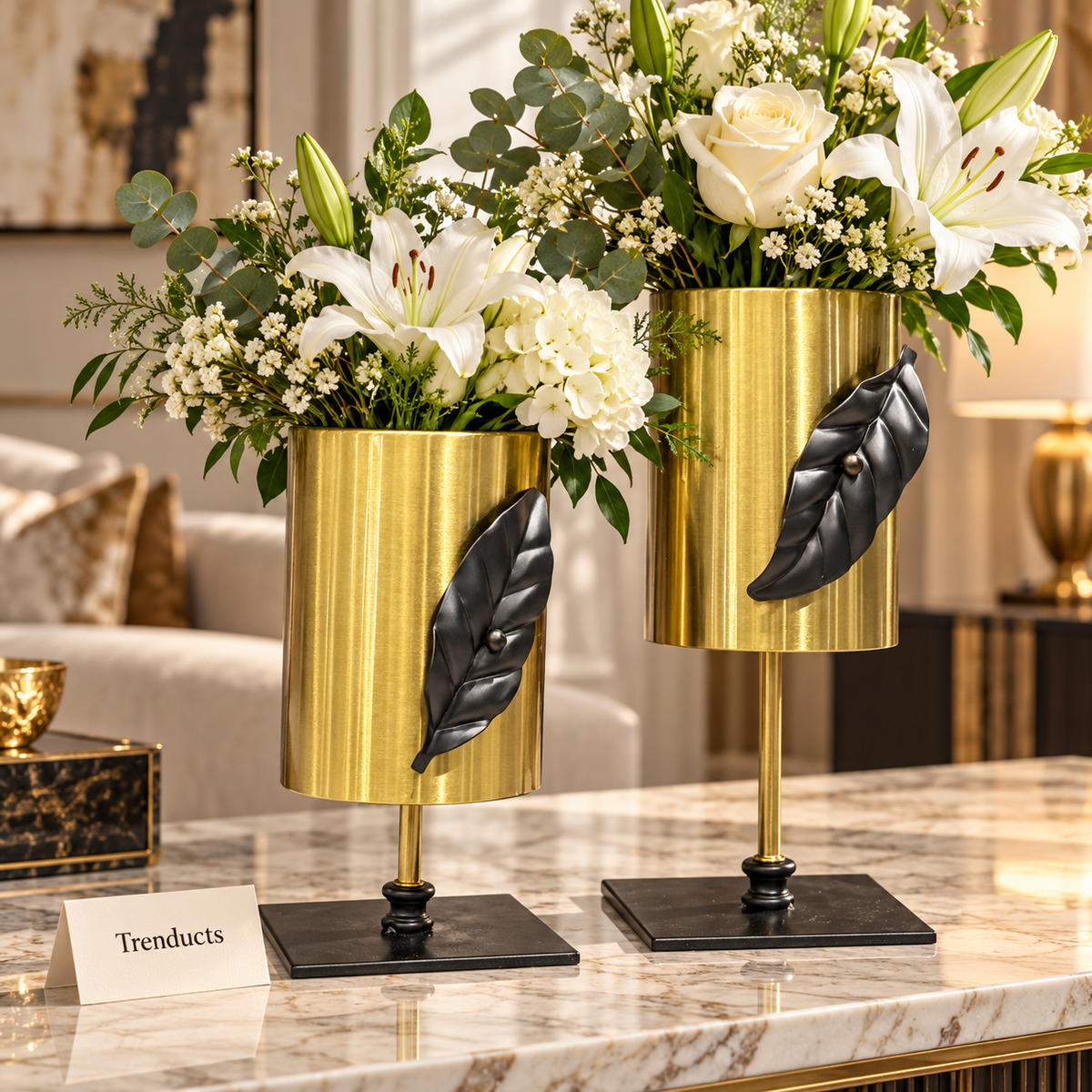 Metal Vase with Black Leaf on Stand - Gold Cylinder