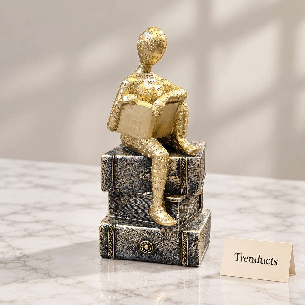 Gold Seated Reader Sculpture - Grey Book Stack Base Showpiece