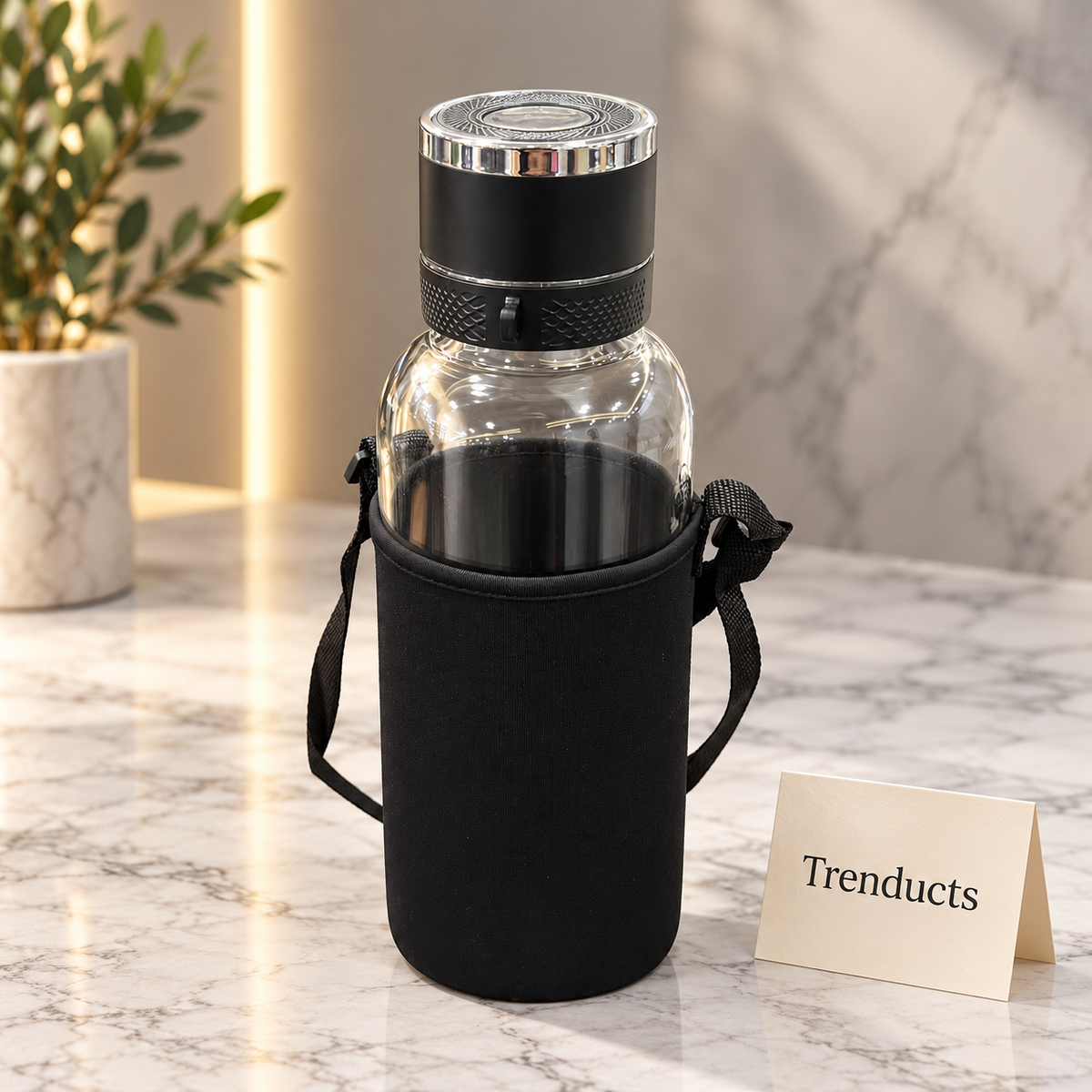 Premium 1500ml Glass Water Bottle with Black Sleeve and Shoulder Strap
