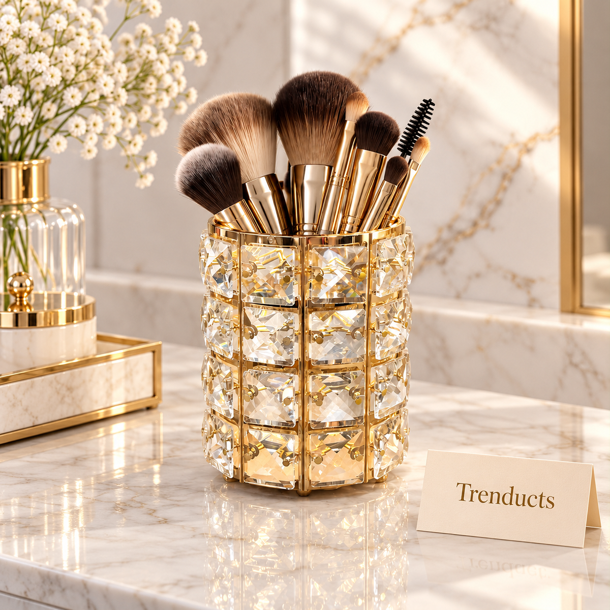 Crystal Makeup Brush Holder - Gold Metal Frame