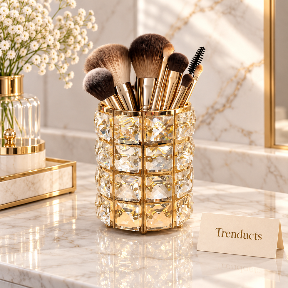 Crystal Makeup Brush Holder - Gold Metal Frame