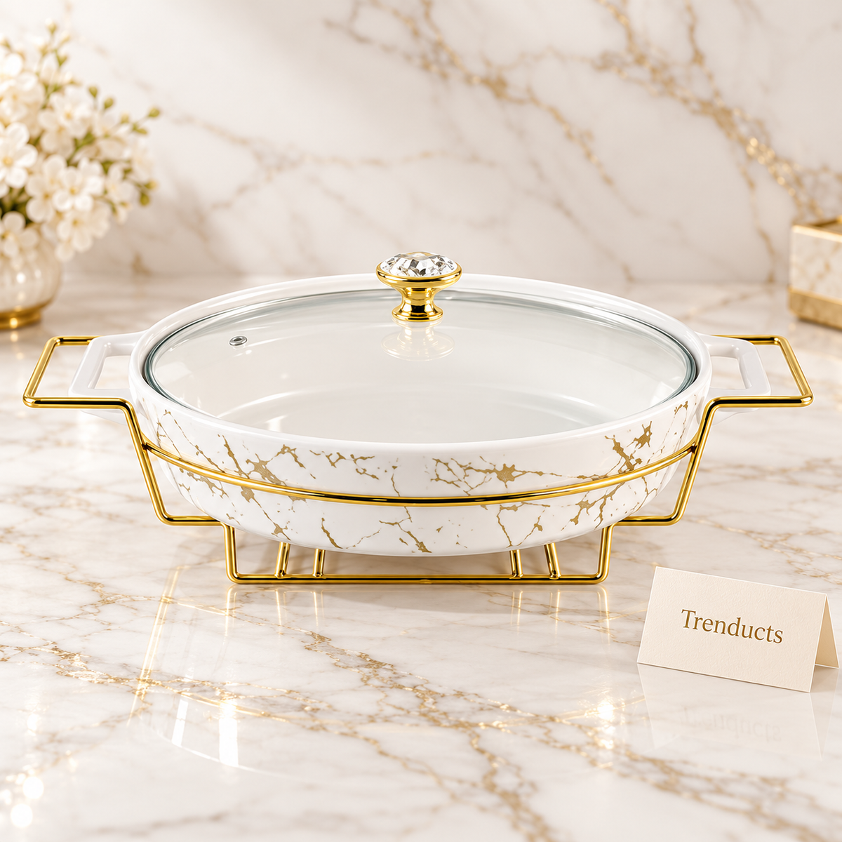 Brilliant Oval Marble Casserole with Gold Stand
