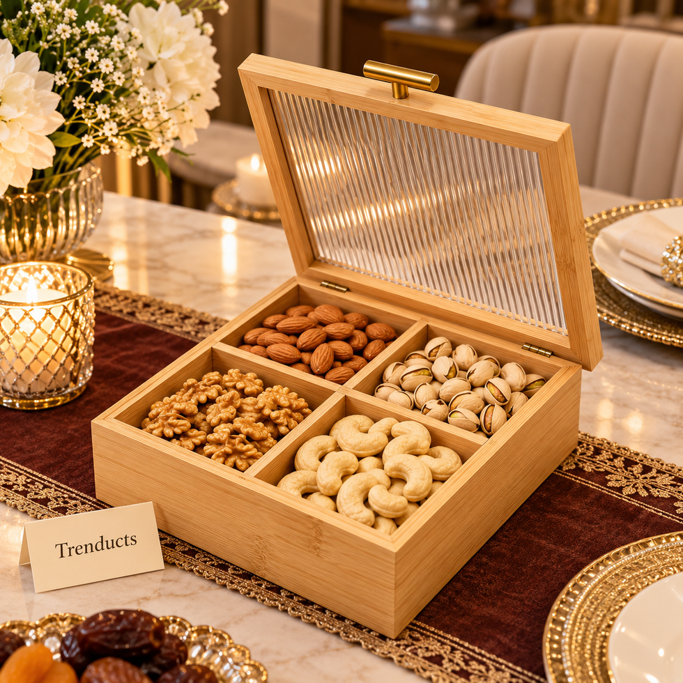 Bamboo Wood Dry Fruit Box with Fluted Lid - 4 Sections
