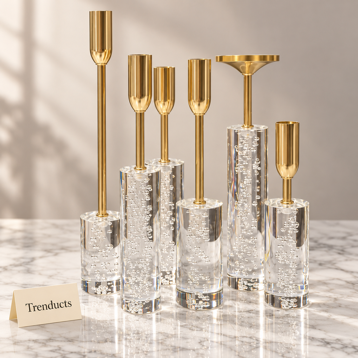 Crystal Candle Stand Set - 6 Pcs Gold Metal Stems