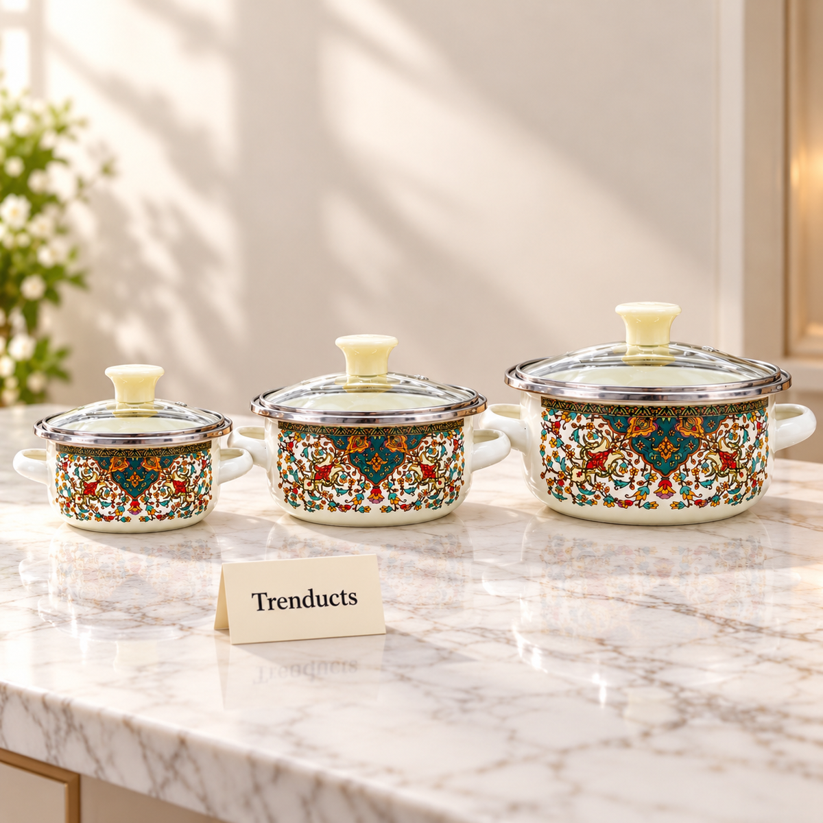 Enamel Casserole Set 3 Pcs - Paisley Glass Lids