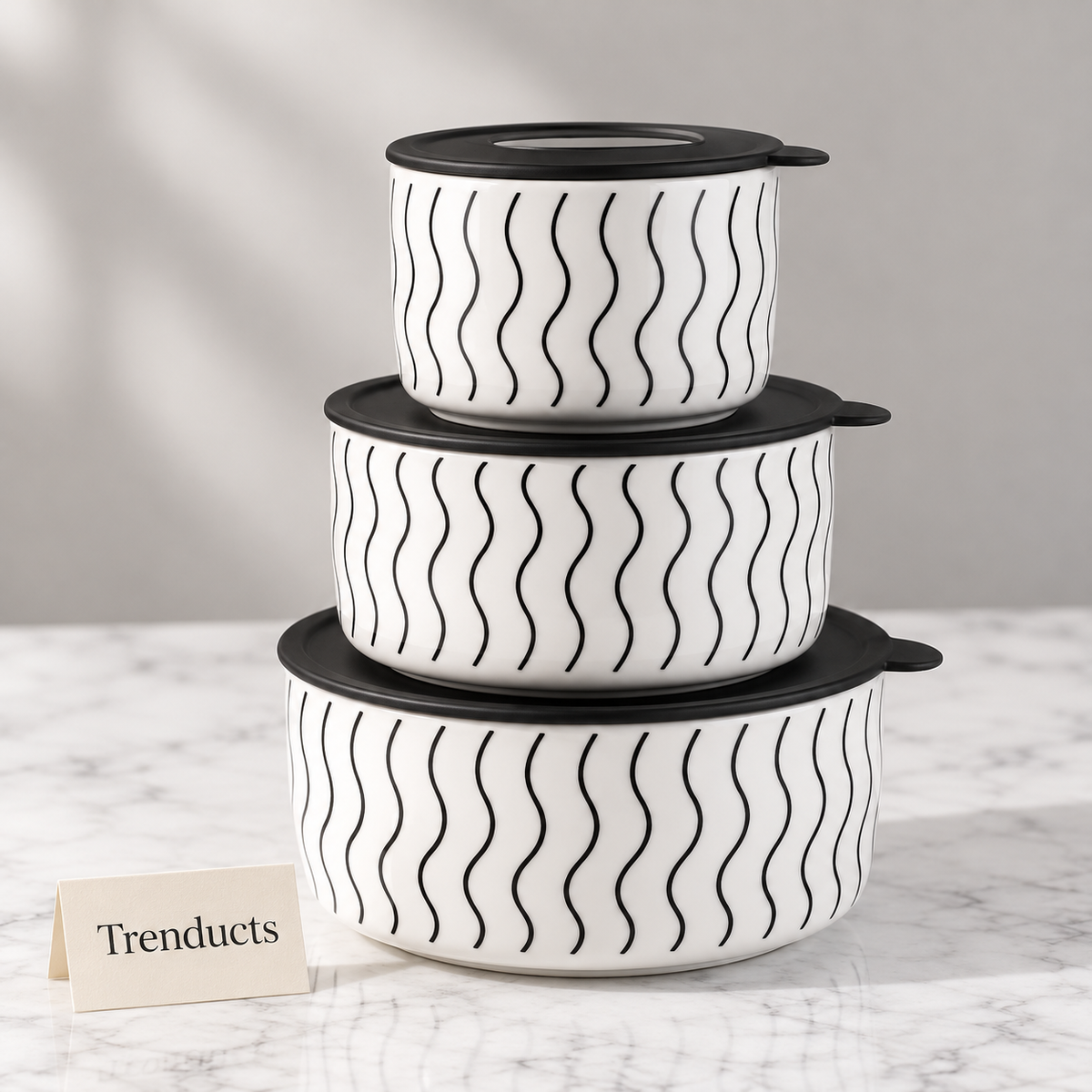 Porcelain Bowl Set with Lids - 3 Pc Black & White