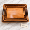 Rattan-Style Woven Serving Tray with Wood Grain Base and Handles