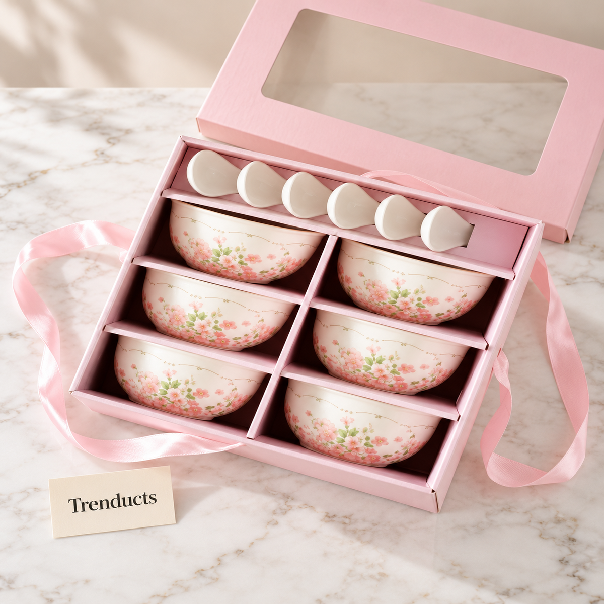 Floral Bowl Gift Set - 6 Bowls and 6 Spoons Pink Box