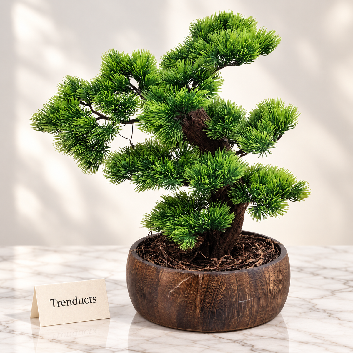 Artificial Pine Bonsai Tree in Brown Wood-Effect Round Pot - Decoration Piece