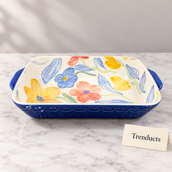 Brilliant Baking Dish in cottagecore design on white marble in a studio | Trenducts