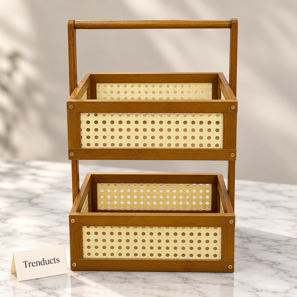 Wooden Trolley Rack - 2 Tier Rattan Basket Storage Stand