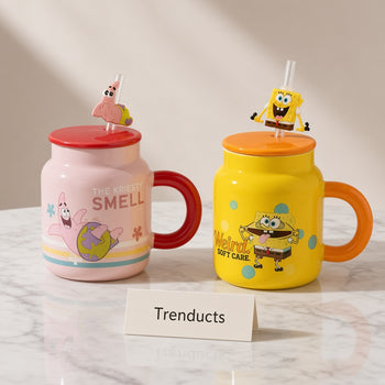 SpongeBob Ceramic Mug Set - Pink and Yellow Cartoon Mug on white marble | Trenducts