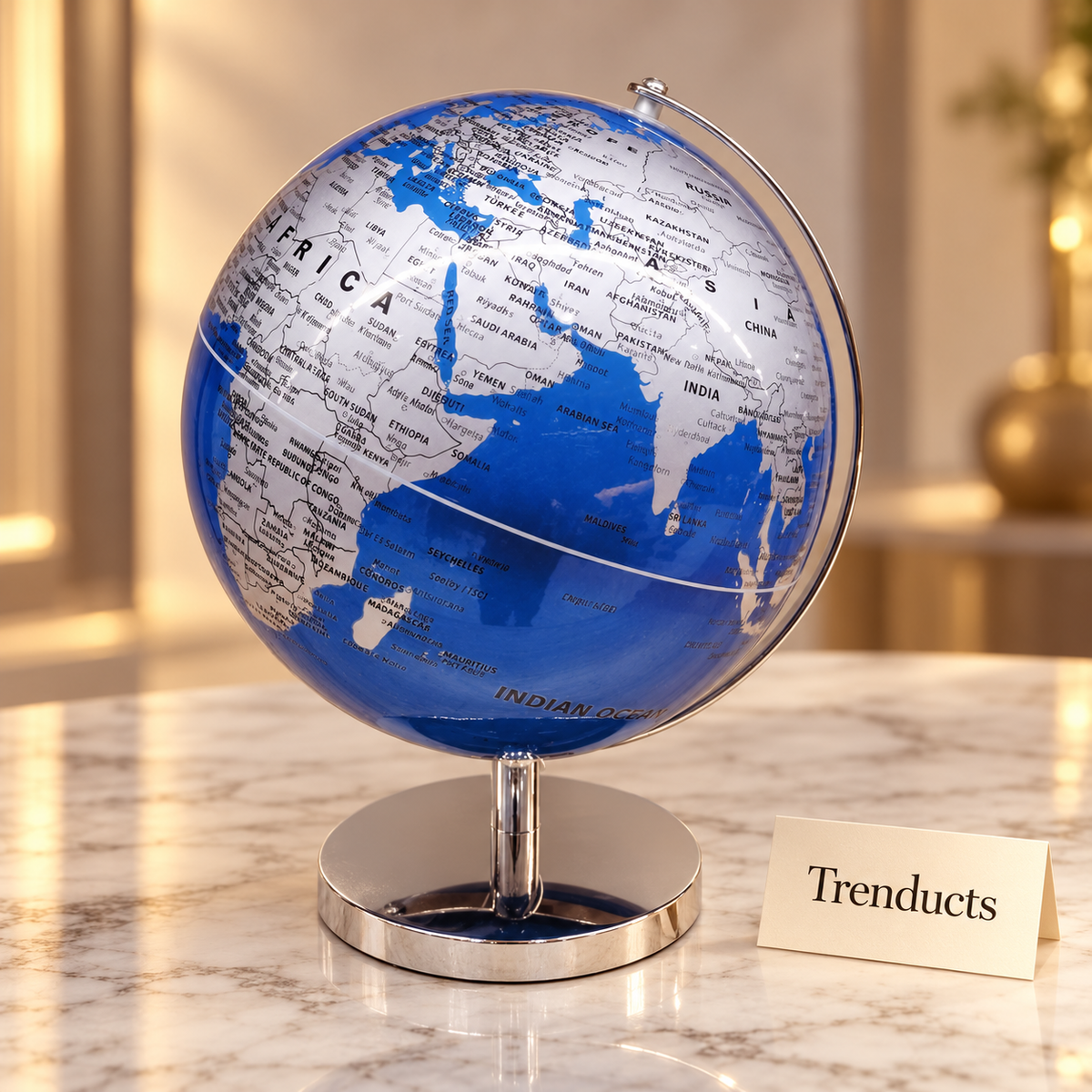 Blue and Silver World Globe with Chrome Stand