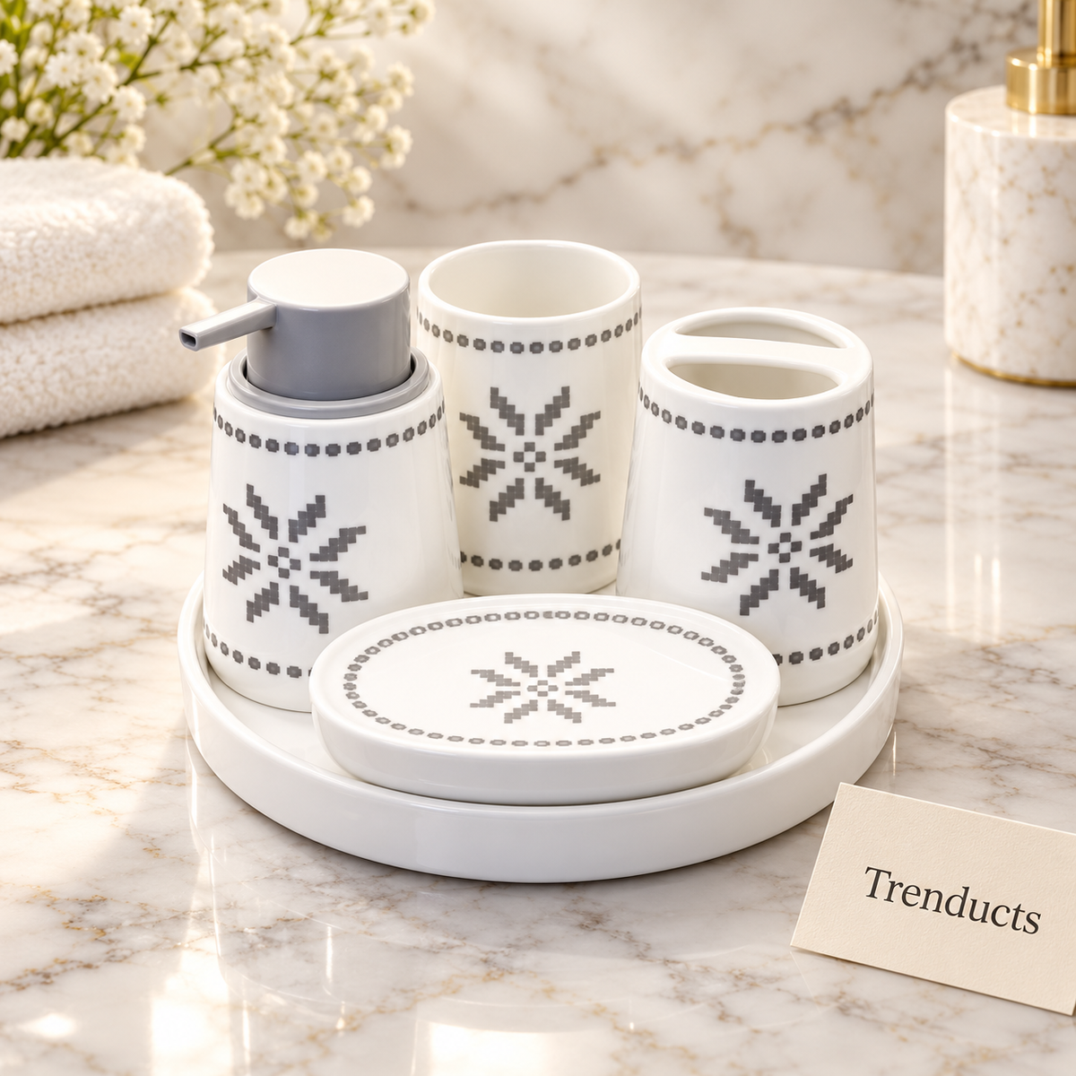 Brilliant 5 Piece Bathroom Set - White & Grey Stars