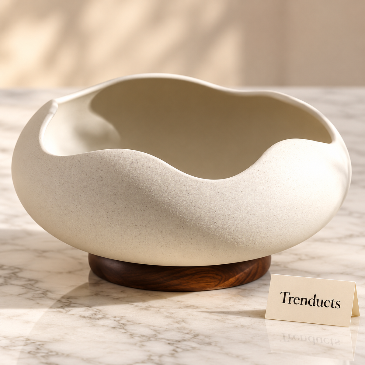 White Sculptural Bowl - Wavy Rim with Wooden Base