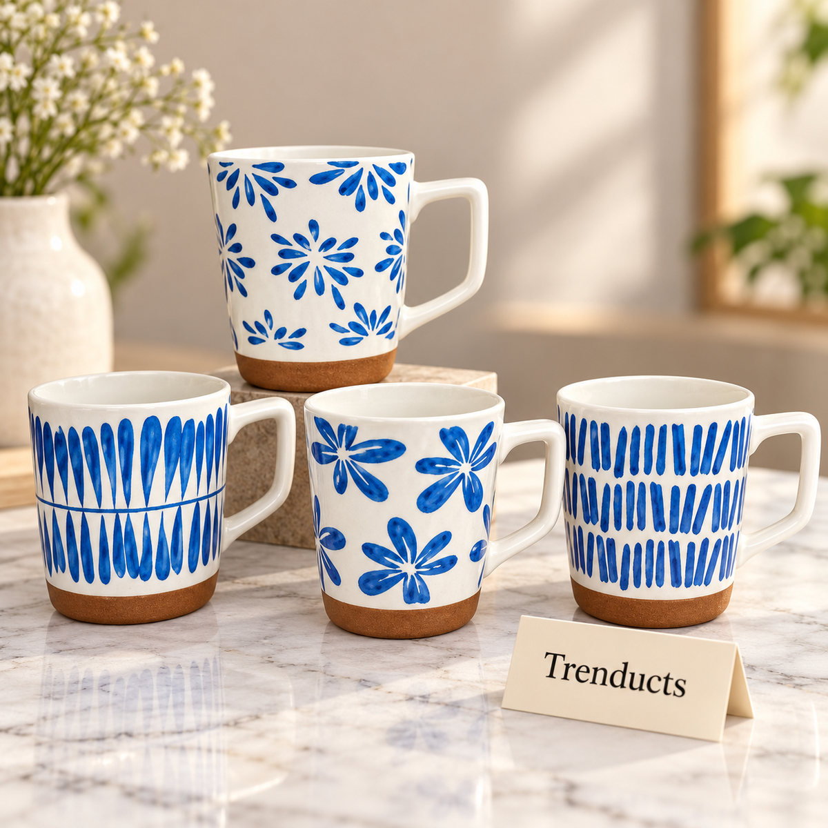 Blue Brushstroke Mug 450 ml - Floral and Stripe (Random)