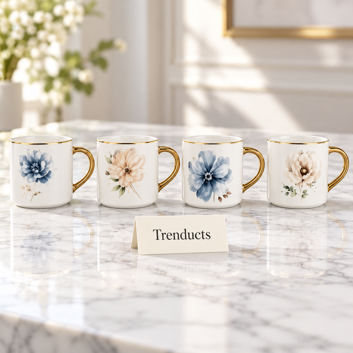Gold Handle Floral Mug - Watercolour Flower (Random)