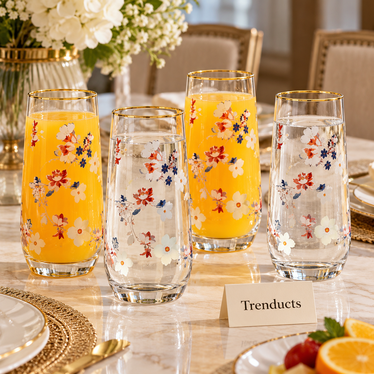 Danny Home Floral Gold Rim Highball Glass Set of 4 - 560ml