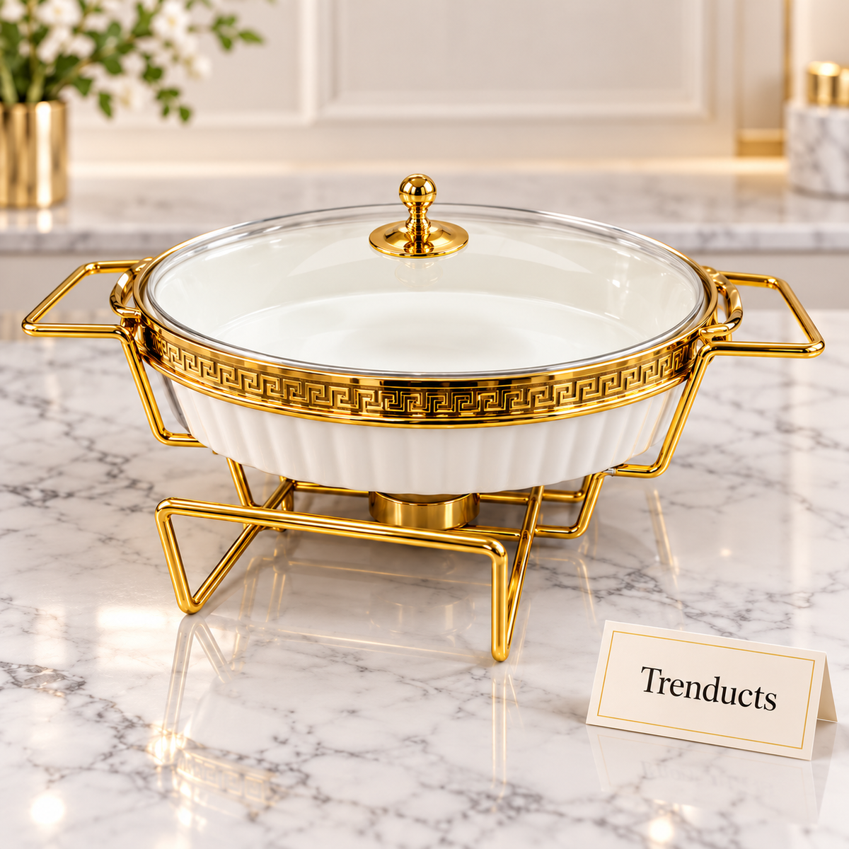 Brilliant Oval Casserole with Greek Key Gold Rim Stand