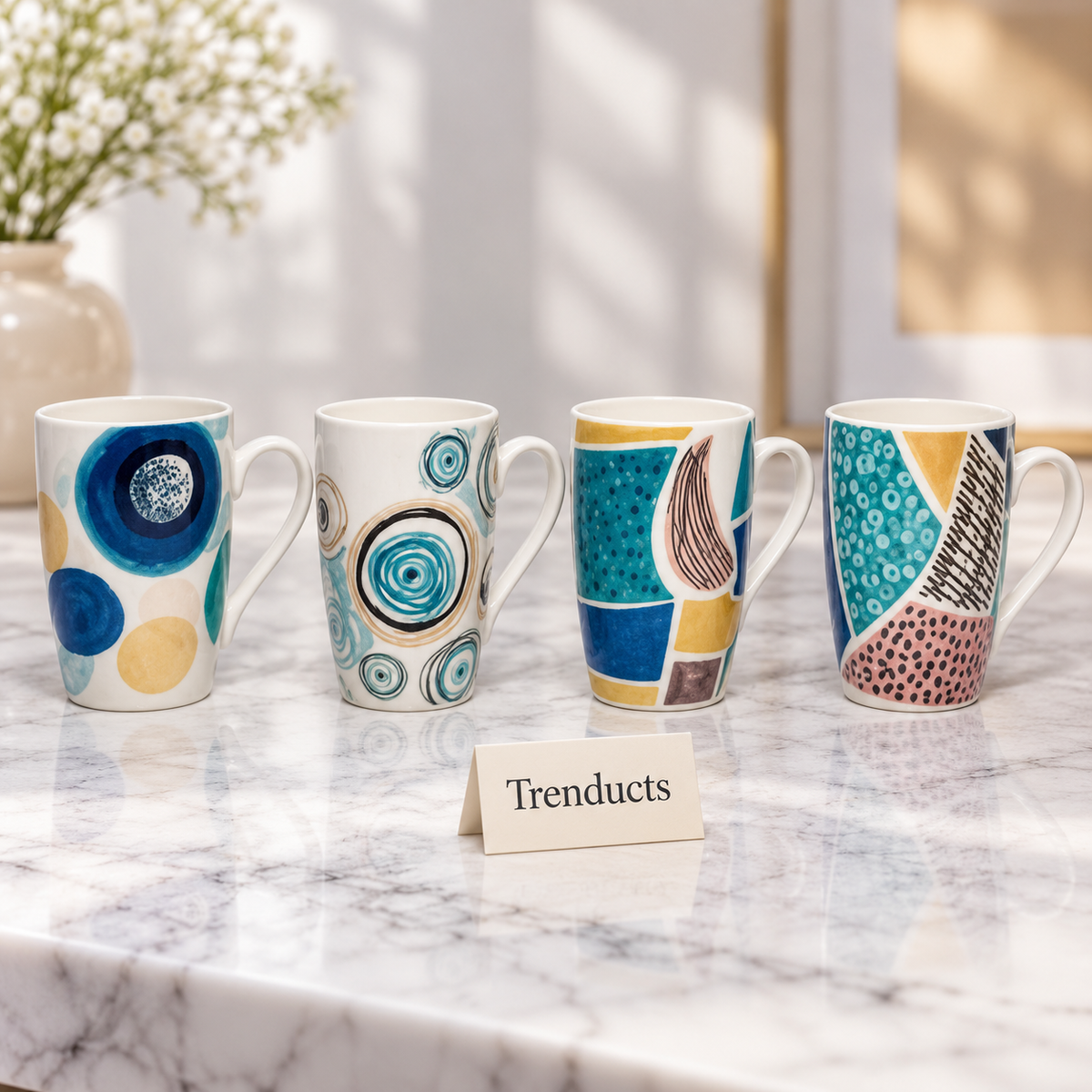 Abstract Print Mug - Navy, Teal and Yellow Shapes (Random)