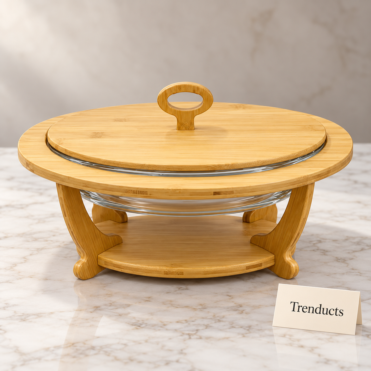 Bamboo Frame Chafing Dish - Round Glass Bowl & Lid