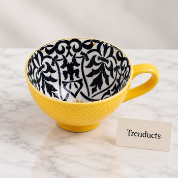 Yellow Patterned Mug on a white marble surface | Trenducts