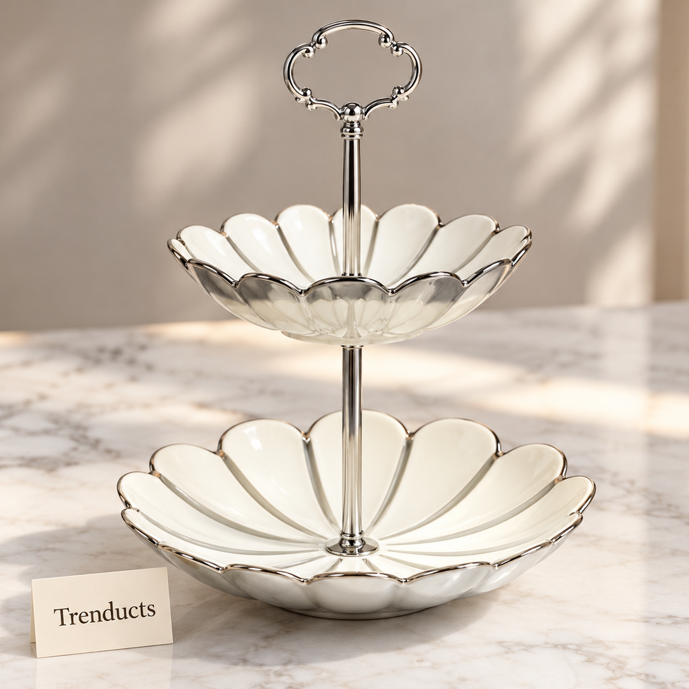 Brilliant 2 Tier Bowl Stand - White & Silver Scalloped